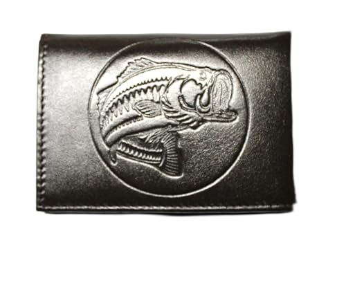 Bass Fishing Embossed Leather Trifold Wallet Black RFID Safe