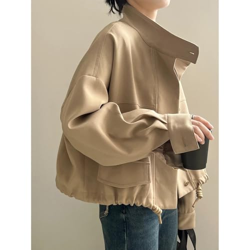 Women's Casual Jacket,Autumn Stand Collar Comfortable Loose Fit Solid Color Short Jacket with Drawstring Hem3