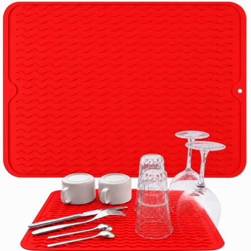 Image of HOMETHREADS Silicone Dish Drying Mat, Silicone Draining Board Mat, Silicone Dish Draining Mats, Kitchen Sink Dish Drainer Mat Racks for Kitchen Counter Protector, 40x30cm (Red)