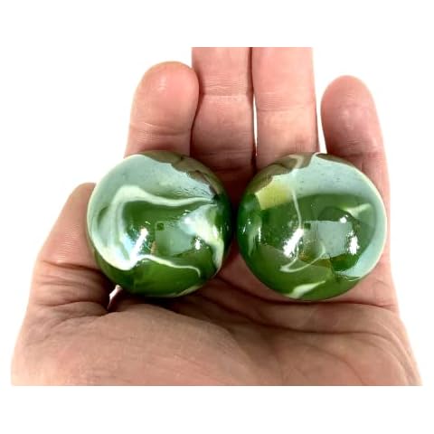 Big Game Toys Set of 2 Mossy Green 35mm Boulder Iridescent Green/White Swirl Swirl Large Shooter Solid Glass Marbles Aquarium Decor vase Filler Cover