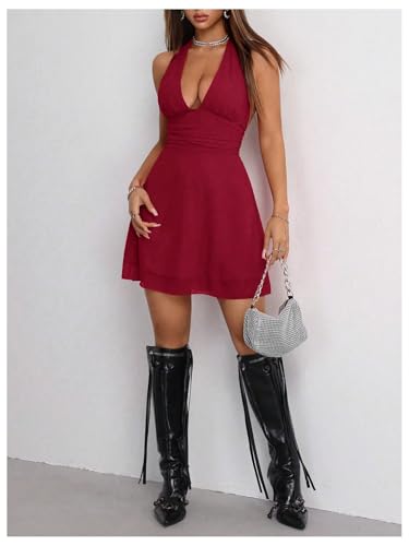 Image of Milumia Women's Deep V Neck Halter Mini Dress Sexy Bow Tie Backless Short Dress