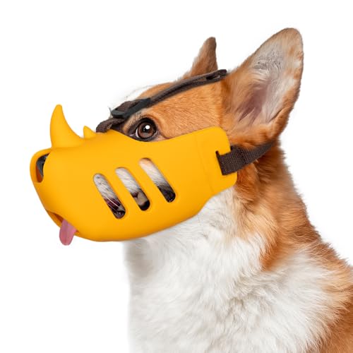 NACOCO Anti Bite Dog Muzzle - Dog Soft Mouth Rhino with Adjustable Strap Covers Breathable Silicone Cage Pet for Biting Chewing Small Medium (Yellow Rhino, L)