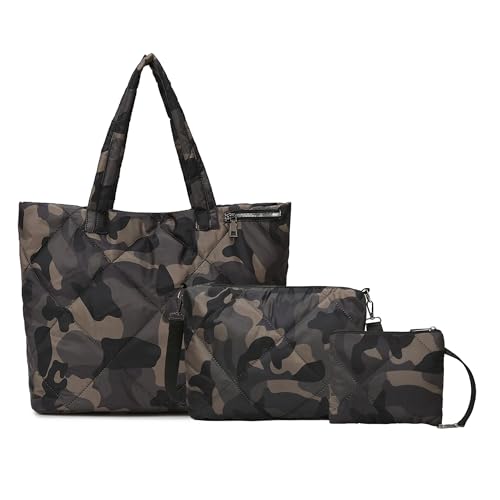 ibalulu Handtasche Damen Puffer Shopper Tasche, 3-Teiliges Set | Leichte Tote Bag mit Magnetverschluss Einkaufstasche für Shopping, Uni & Arbeit (Tarnung)