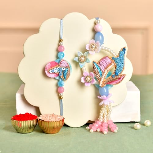Image of CraftVatika Rakhi Combo Set for Brother and Bhabhi, Bhaiya Bhabhi Rakhi Set of 2, Designer Couple Pair Rakhis for Rakshabandhan, Fridge Magnet Gift with Best Wishes Greeting Card and Tillak Set