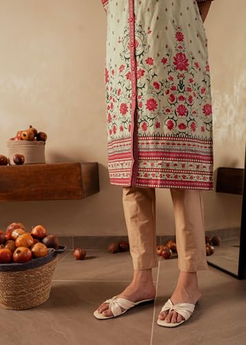 Image of Juniper Sage Green Floral Printed Viscose Kurta with Button Detailing