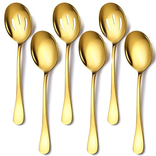Keyoxy 6 Pieces Stainless Steel Serving Spoons Set Includes 3 Spoon, 3 Slotted, for Parties/Buffet/Catering, Dishwasher Safe, 8.5-Inch, Gold