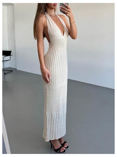 SOLY HUX Women's Crochet Knit Halter Dress Deep V Neck Sleeveless Tie Backless Bodycon Long Dresses2
