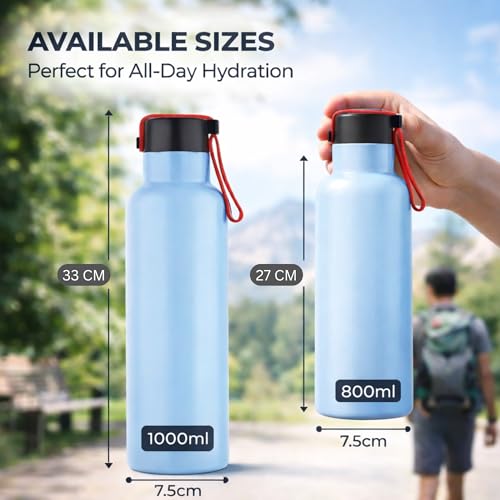 Image of GRECY Trim 1 Litre Stainless Steel Water Bottle Sky Blue | Single Wall Fride Bottle 1000ml BPA Free Food Grade | Leak Proof, Odour Free | Lightweight Carry Band | Made in India | Office, Gym, School