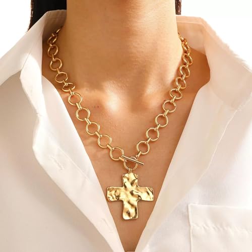18k Gold Chunky Cross Necklace for Women Hammered Cross Choker Necklaces Bold Statement Necklace Trendy Jewelry2