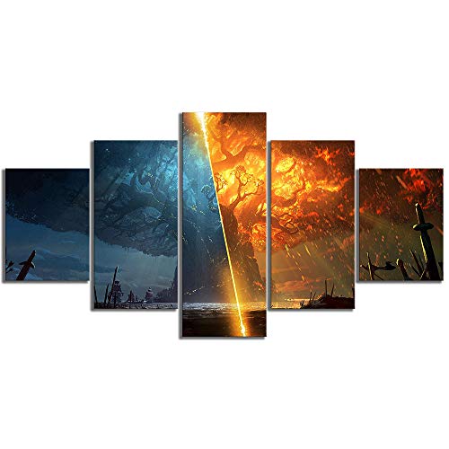 Myrdsio Tableau Decoration Murale 5 Parties Tableau Imprimé Sur Toile Intissee Teldrassil Burning World Warcraft Battle Azeroth Jeu Image Imprimée Xxl Motif...