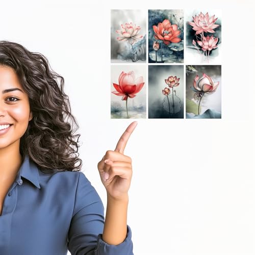 Image of SiddArtify Lotus Flower Wall Art Prints Set - Watercolor Floral Poster Decor for Living Room Bedroom Office - Set of 2-4x6 Inch - Board (Pack of 6) - Sticker (Pack of 6)