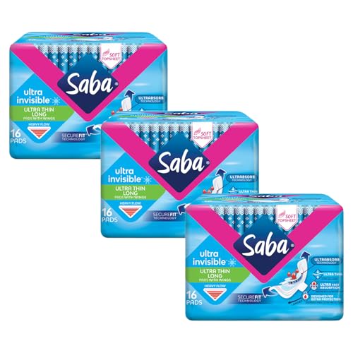 SABA Ultra Invisible Ultra Thin Long Pads with Wings Regular Flow 3-Pack of 16 Pads (48 Count)