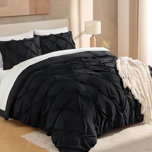Image of Andency Oversized King Pinch Pleat Comforter Set (120 inchx98 inch),3 Piece Lightweight Pintuck Bedding Comforters & Sets, Fluffy Down Alternative Comforter with 2 Pillow Shams for All Season,Black