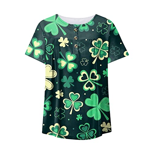 Women's Shirts Casual Blouse Comfort Shamrock Pattern Pleated Front Button Down Tunic Top 2022 Summer Casual Short Sleeve Henley Tops Henley Short-Sleeve V Neck Blouse Tee #TOP4