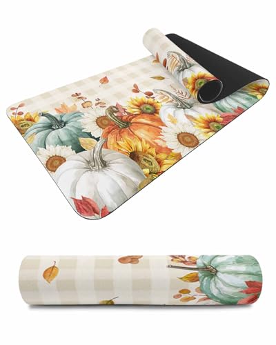 Debedcor Heat Proof Table Pads Waterproof Decorative, Thanksgiving Non-Slip Table Countertop Protector, Fall Squirrel Sunflower Pumpkin Khaki Plaid Insulation Mat for Kitchen Room, 40 x 12 Inches