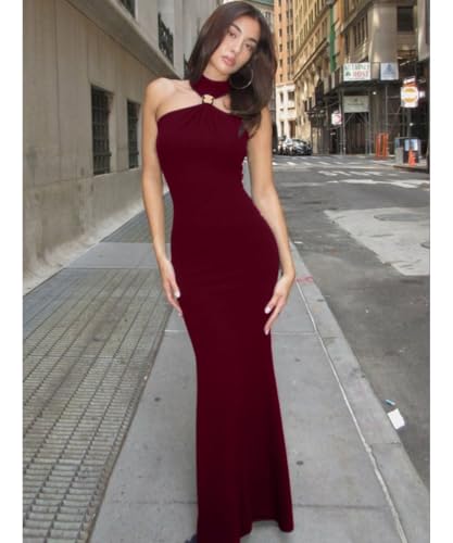 Image of Women High Neck Bodycon Dress Summer Casual Sleeveless Back Slit Elegant Party Cocktail Maxi Formal Dresses