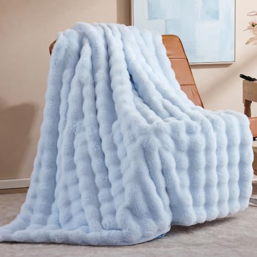 Smoofy Faux Fur Throw Blanket for Couch - Light Blue Super Soft Cozy Bubble Blanket Fluffy Plush Fuzzy Throw for Sofa & Bed Thick Lightweight Warm Blanket Luxury Aesthetic Gift for Women 50x60
