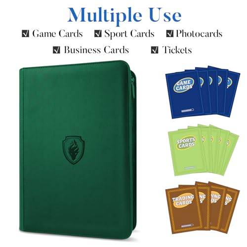 Image of Premium Zip Card Binder, Fabmaker 9 Pocket Trading Card Binder, PU Cover Zipper Card Collection Album, Sturdy 360 Side-Loading Card Folder Holder for Game & Sports Cards, Dark Green