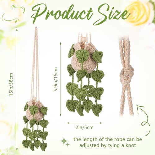 Image of DaisyInner Cute Crochet Plant Car Freshener 12ml Empty Refillable Diffuser Bottle with Plants Hanging Accessories for Ornaments Charms Rearview Mirror Home Office Decor Women Gifts(Leave)