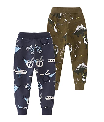 Image of HUAER& Baby Boy's Jogger Pants Dinosaur Car Animal Print Drawstring Elastic Sweatpants (1-Pack 2-Pack)