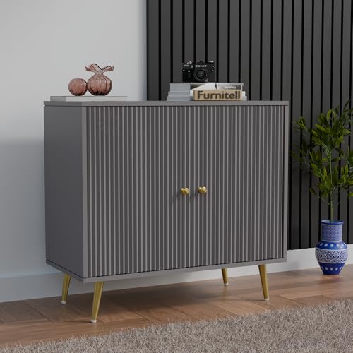 Image of Wooden Storage Cabinet for Living Room & Bedroom | Fluted Design Sideboard with 2 Doors | Multipurpose Organizer for Entryway | HDMR Premium Wood | Gold Metal Legs | Grey