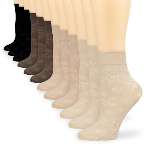 VIBCICY Sheer Mesh Stocking Socks, Thin Transparrent Tulle Nylon Ankle Socks, Thight with Summer Fishnet Flower Pattern for Women 12 Packs