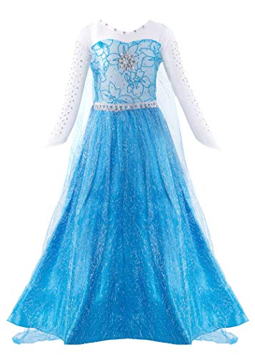 Padete Little Girl Blue Princess Dress Snow Party Queen Halloween Costume (5 Years, Blue Long Sleeve)