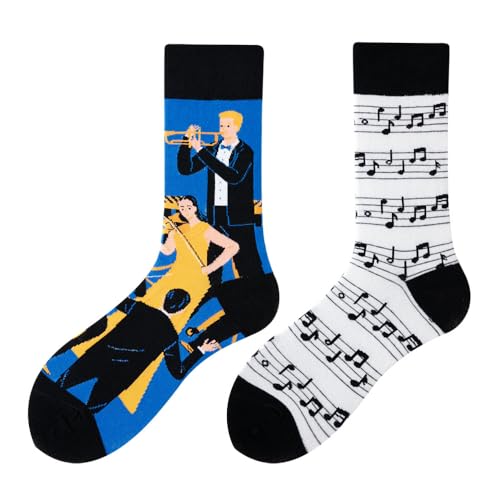 NxnChc Calcetines Divertidos Unisex para Mujer y Hombre con Diseños Asimétricos en Par - Temas Nota Musical Animales, Comida, Fruta, Deporte y Arte en Algodón - Ideal para Regalos