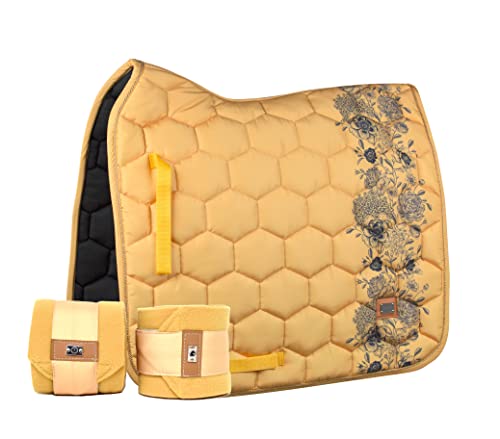 DotiBel NOVA Set 2pcs. avec bandages (jaune miel) : Tapis de selle jaune miel à motif fleurs d'encre noire Cover
