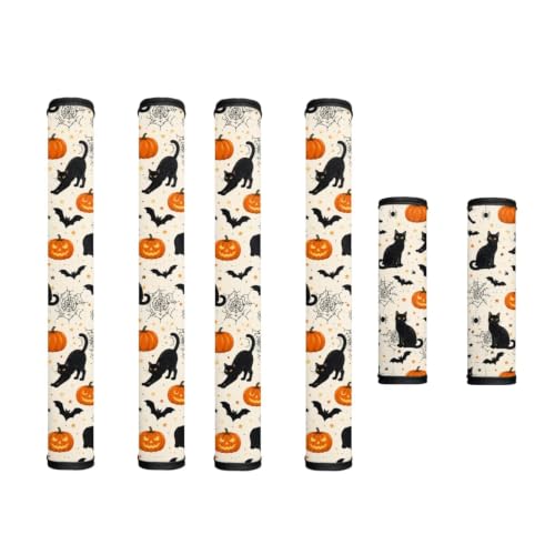 Image of Fridge Door Handle Covers Set of 6 Kitchen Appliance Decor Handles Glove Anti-Slip Protectors Washable Refrigerator Decor Accessories, Black Cat Pumpkin Bat Spider-Web Print Beige