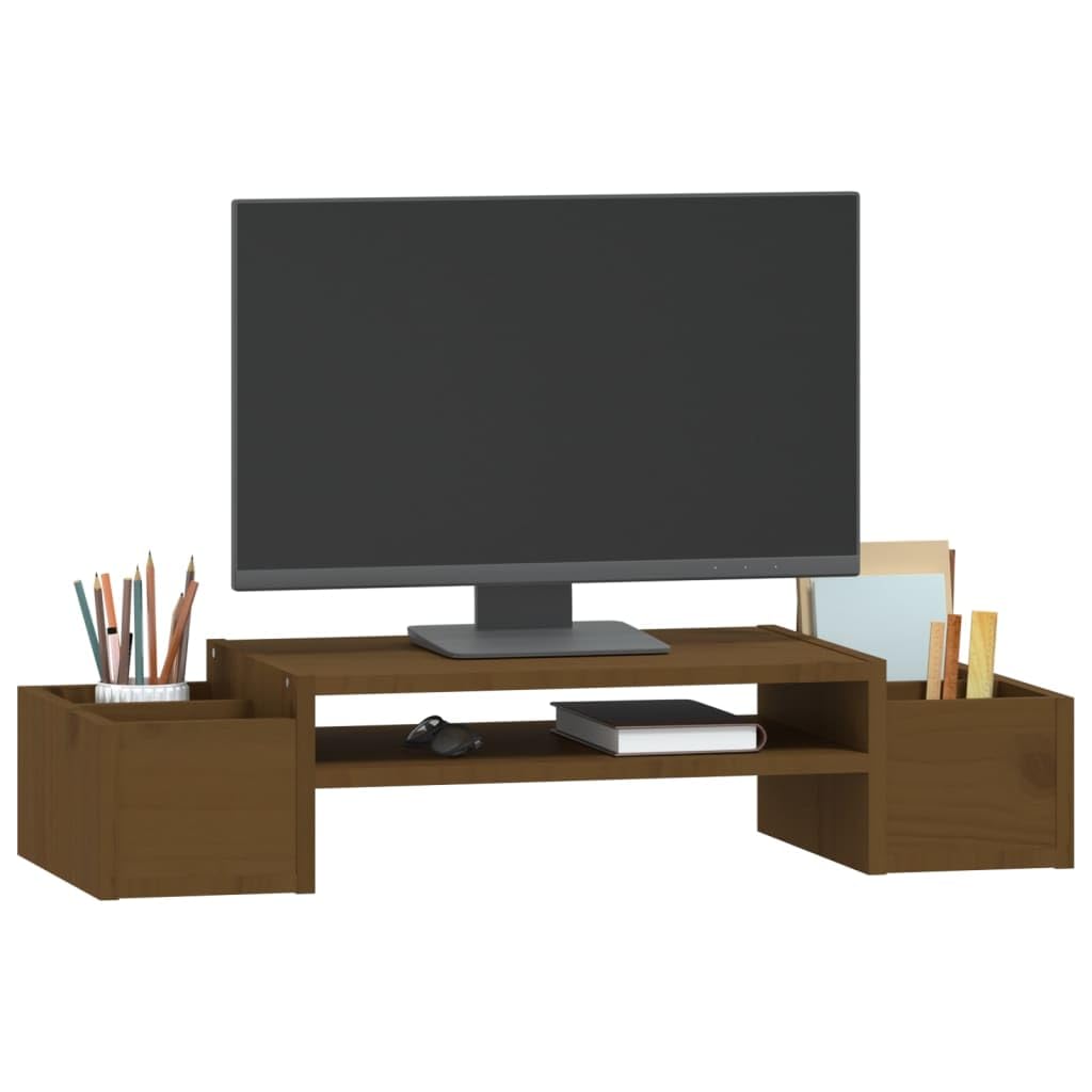 Générique Stojak na monitor z litego drewna sosnowego miodowo-brązowy 70 x 27 x 15 cm, minimalistyczny design ze stabilną ramą i 4 bocznymi przegródkami do przechowywania na klawiaturę i akcesoria