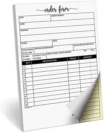 321Done Order Form Pad, 5.5x8.5 Portrait 2-Part Carbonless, Made in USA, Carbon Copy Purchase Sales Receipt Book Cute Small Size for Business Invoice (50 Sets) White/Yellow, Premium Paper