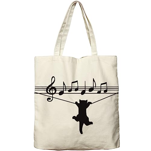 Dlzdn Black Cat Canvas Tote Bag For Women Aesthetic Funny Cute Cat Playing Music Note Clef Tote Bag Shopping Grocery Bag Beach Bag Gifts for Women Teacher Bag Reusable Grocery Bag