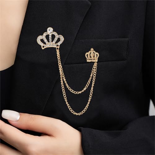 Image of coadipress Crown With Hanging Chain Brooch for Women Men Elegant Gentlemen Gold Silver Crystal Crown Lapel Pin Vintage Rhinestone Wedding Brooch Suit Shirt Pin Accessories