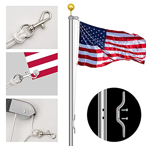 Nomal Flag Pole Repair Parts Kits Including 1 Piece 3" Topper Gold Ball + 50 Ft Halyard Rope + 1 Piece Cleat Hook + 4 Piece Flag Swivel Snap Hooks + Flagpole Pulley Truck For 2" Od Tube #TOP3