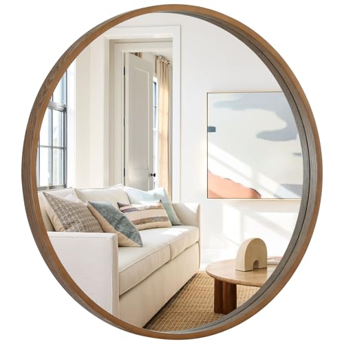 Image of WallBeyond Round Wood Mirror, 36 inch Round Modern Decoration Large Circle Wall Mirror for Bathroom Living Room Bedroom Entryway, Walnut