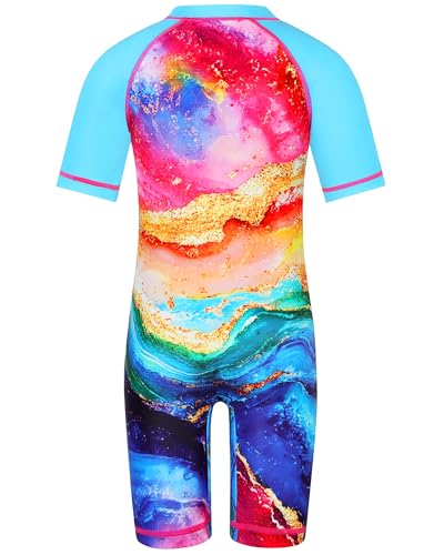 Image of TFJH E Short Sleeve Girls Swimsuits UV 50+ One Pieces Zipper 2-14Y | From beach vacations and pool parties to cruises and water parks, this colorful floral swimsuit is her summer favorite
