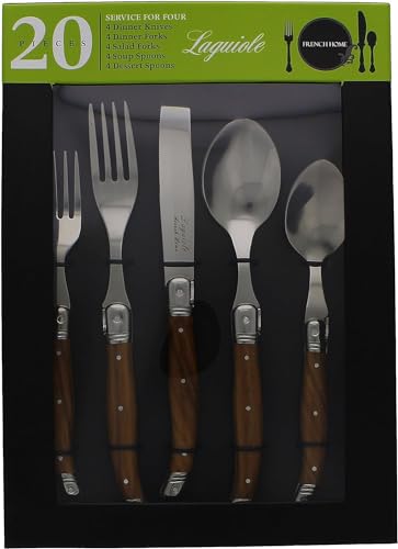 French Home LG121 20 Piece Laguiole Wood Grain Flatware Set, Stainless Steel