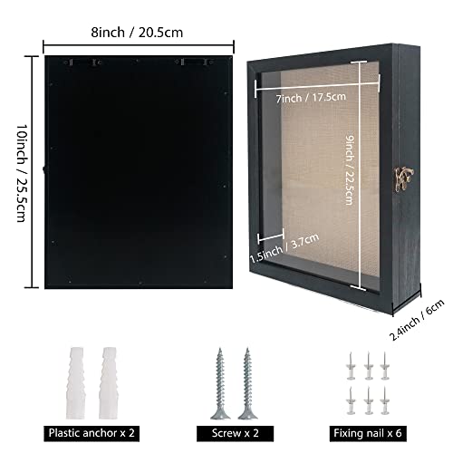 Image of GraduationMall 8x10 Wood Shadow Box Frame Glass Door Display Case with Linen Back and 6 Stick Pins,1.5 inches Interior Depth,Ideal for Memorabilia Pictures Flowers Medals Tickets Rustic Black
