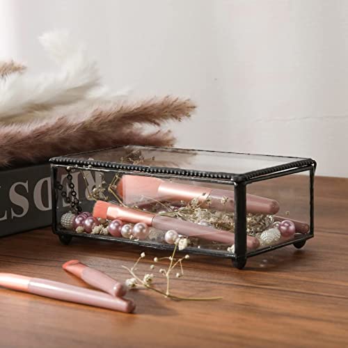 Whslilr Vintage Glass Jewelry Box Keepsake Box With Hinged Lid And Mirrored Bottom, Great For Storage Trinket/Jewelry/Card/Photo, Black Decorative Box For Dresser-15012 #TOP2
