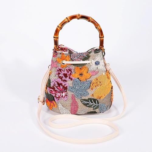 Image of Crossbody Bags for Women, Beach Bag, Hand Embroidered Tot Bag, Bamboo carry handle Bucket bag, Bohemian Handbags Suitable for Vacation Travel Daily Matching