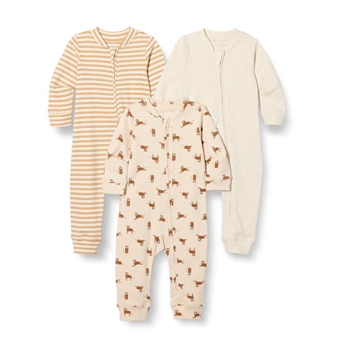 Amazon Essentials Unisex Baby Fußloser Schlafanzug mit Reißverschluss aus Baumwolle, 3er-Pack, Haferbeige Meliert/Streifen/Tiger, 6-9 Monate