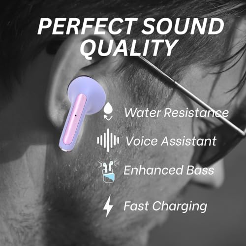 Image of Earbuds Wireless with 60H Playtime, Noise Isolation & Clear Calls, Bluetooth with Voice Assistant, Ear Buds with Bluetooth V 5.3 & with Type C Fast Charging, IPX4 TWS Earphones Purple Colour