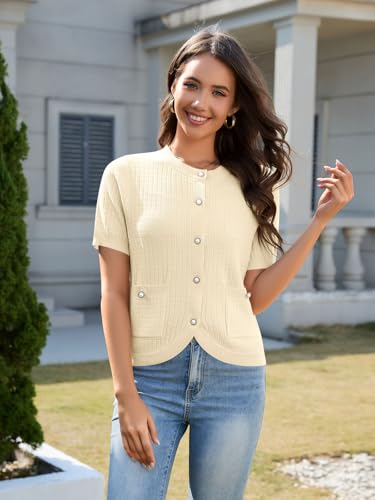 Women's Summer Short Sleeve Cardigans Cropped Tweed Blazers Button Up Knitted Sweater Jacket for Dress with Pockets3