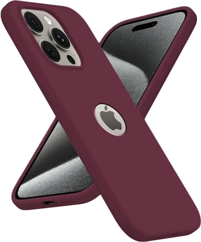 Image of VONZEE Microfiber Logo Cut Cover Compatible for iPhone 15 Pro Case Liquid Silicone Cases Non-Slip Full Body Protective Covers Shockproof Back Cover with High Raised Camera Lips (6.1 inch, Wine Red)