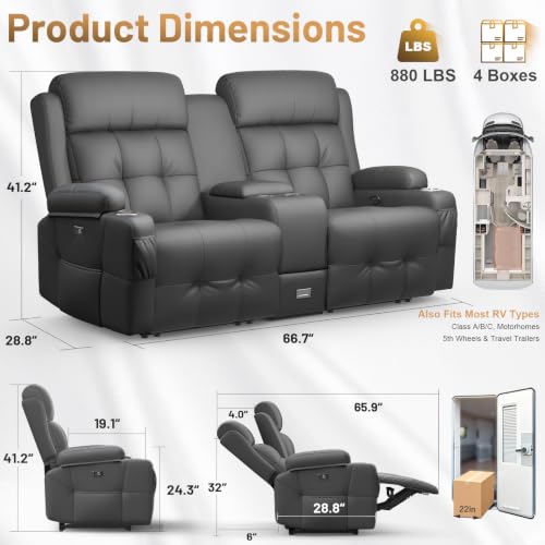 Image of Loveseat Recliner Sofa, Home Theater Seating with Massage, Reclining Loveseats with Console, Wall Hugger RV Couch Movie Theater Chairs, RV Furniture Sofas with USB, Cup Holders, Drawer for Gaming Room
