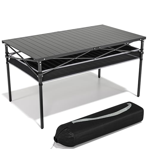 Folding Camping Table, Aluminum Roll-up Table with Storage Net and Carrying Bag, Outdoor Lightweight Camp Table for Picnic, Camping, Beach,Backyard, BBQ, Party, Patio