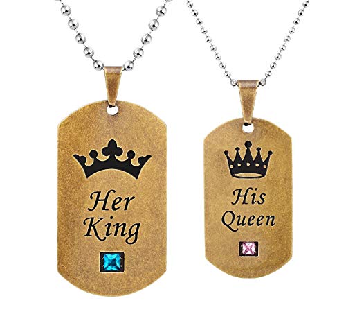 His Queen Her King Couple Pendant Necklaces His & Hers Matching Set Titanium Stainless Steel Couple Pendant Necklace Engraved Jewelry Set, Perfect for Anniversary, Valentine's Day, Romantic Gifts for Him and Her, in a Gift Box