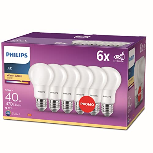 Bombillas Led E27 Luz Calida Philips - Bombilla LED 40W estándar E27 luz blanca cálida 230V, mate, no regulable pack 6