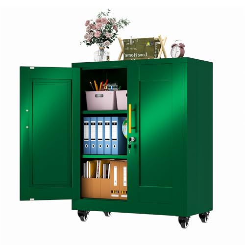 Image of pozdeg 35 inch Metal Storage Cabinet with Lock and Wheels, Lockable Office File Cabinet with 2 Doors and 2 Adjustable Shelves, Rolling Steel Tool Garage Cabinets for Home Office (Green)